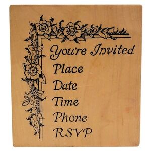 VTG 80s PSX Youre Invited Floral Invitation Rubber Stamp K-187 3.5"x4" Wood